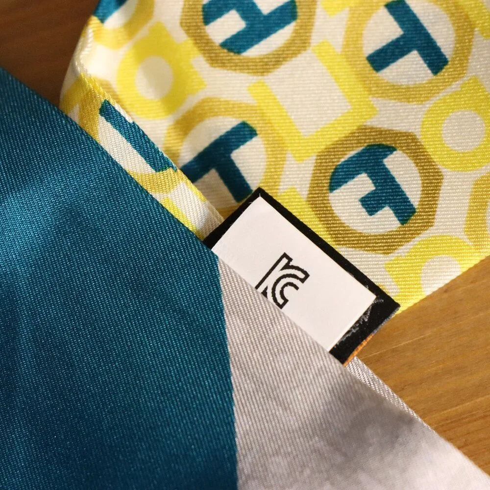 Lee Geon Maan scarf, made in Korea, blue yellow green grey, small scarf